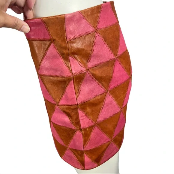 Kelly Wearstler Iraz Leather Mini Skirt- Magenta & Cognac Sz 8 - Picture 6 of 11